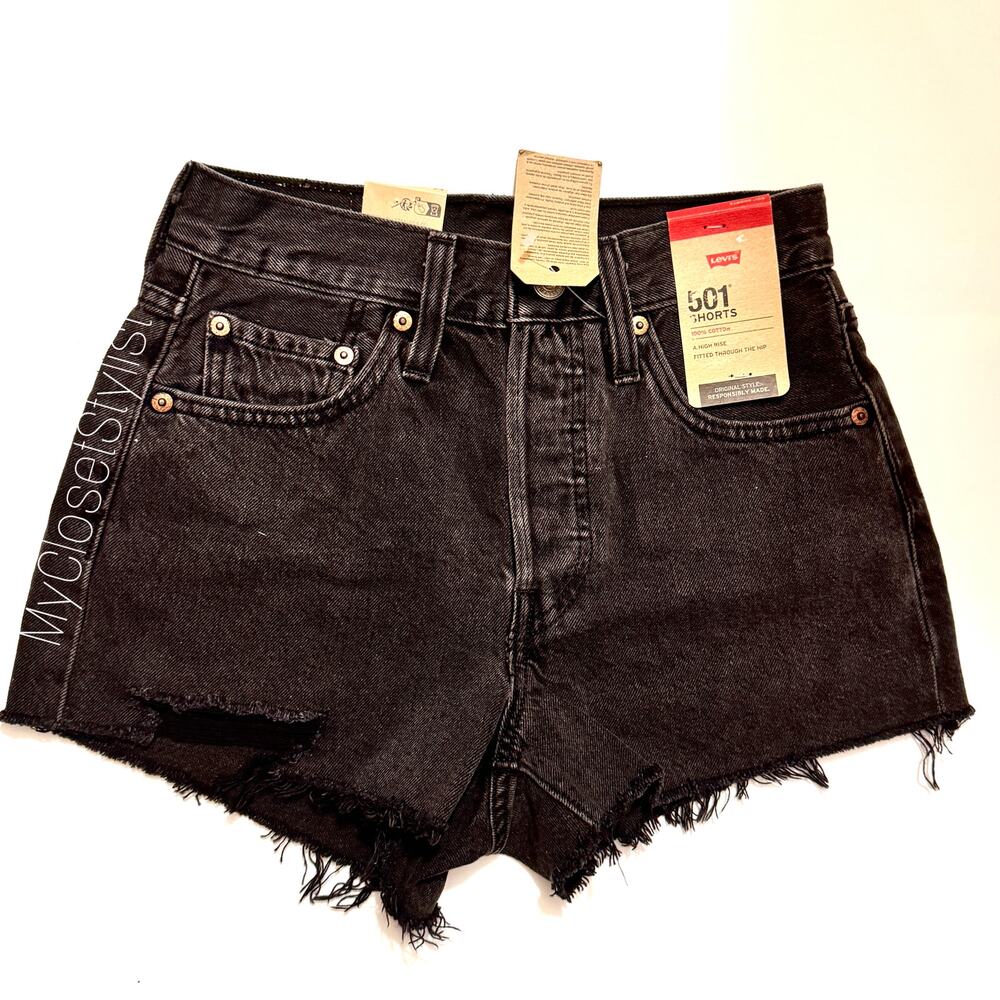 NEW Levi's Jean Shorts High Waisted 501 black denim cut off 24 NWT!